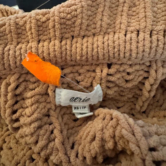 Aerie XS Chunky Knit Zip Collar Sweater Tan Brown Cozy Oversized Pullover - Picture 3 of 3